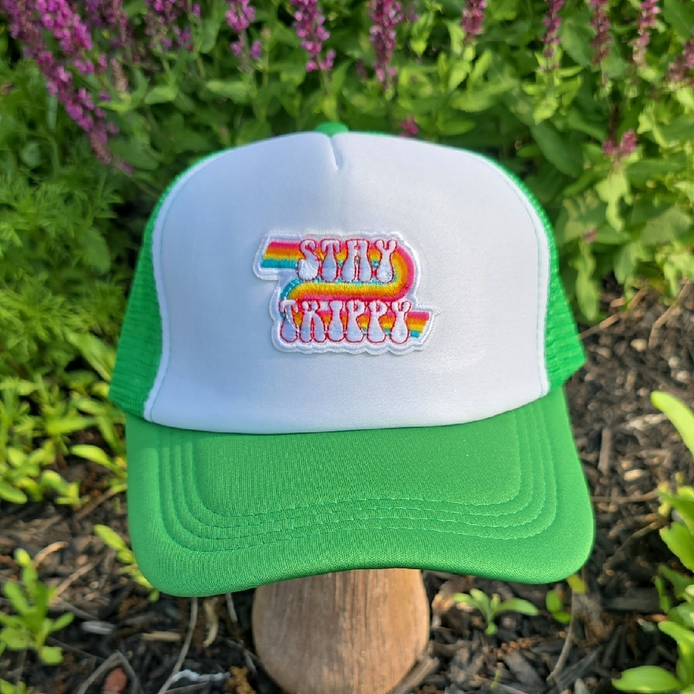 Green and White Trucker Hat with Rainbow Embroidery